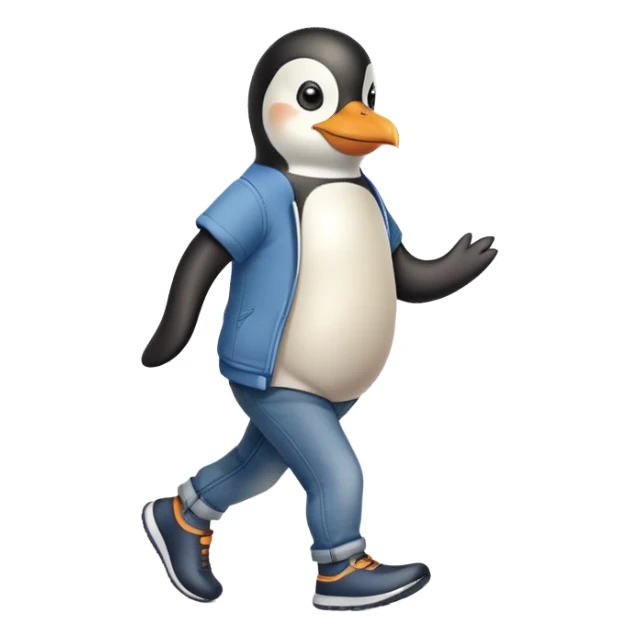 friendly anthropomorphised penguin in jeans and a t-shirt jogging upright standard pose no sunglasses sticker