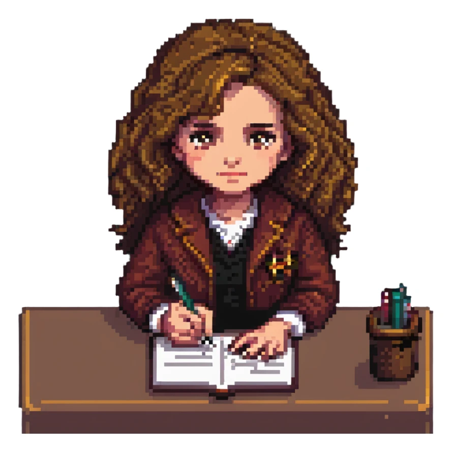 Hermione Granger writing in a notebook, pixel art style, simplified features, cozy setting sticker