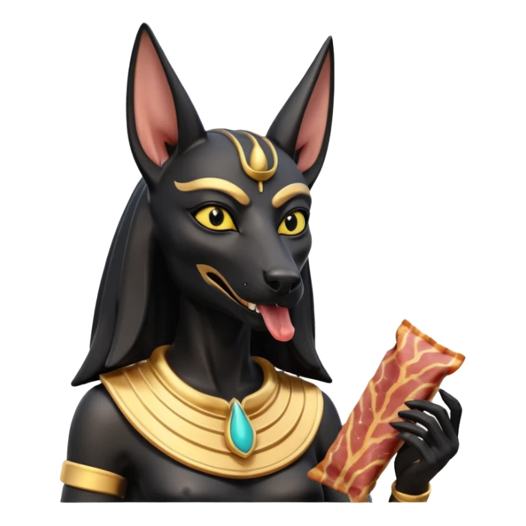  Friendly Short-eared Black fur beautiful female alien anubis statue posed biting on store-brand bacon packaging  sticker