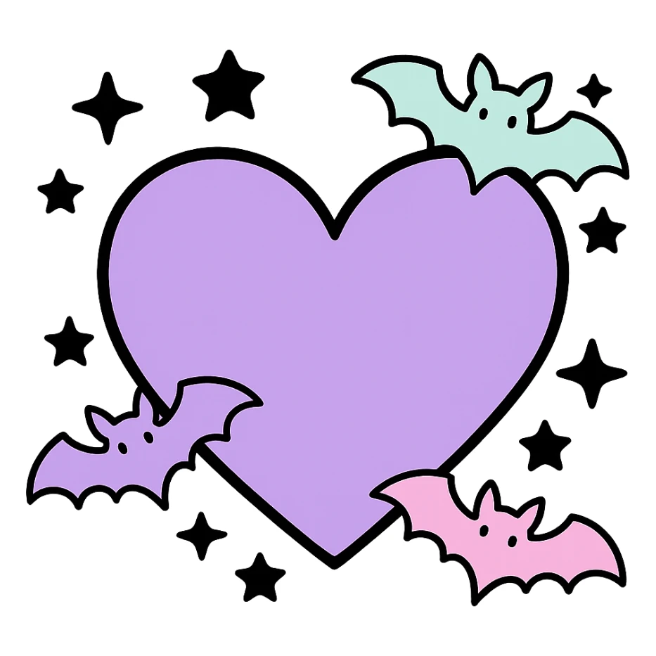 pastel goth heart with pastel bats and black stars ,remove background sticker