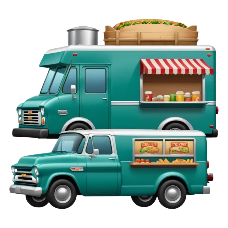 A 2022 half ton bluish green Chevrolet pulling a chuck wagon style food truck sticker