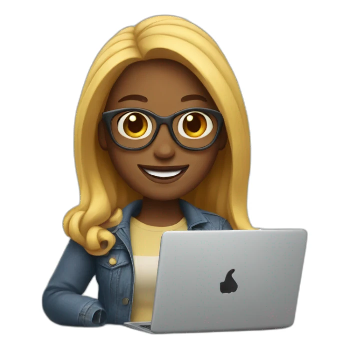 memoji of a cool woman smiling and has a laptop sticker