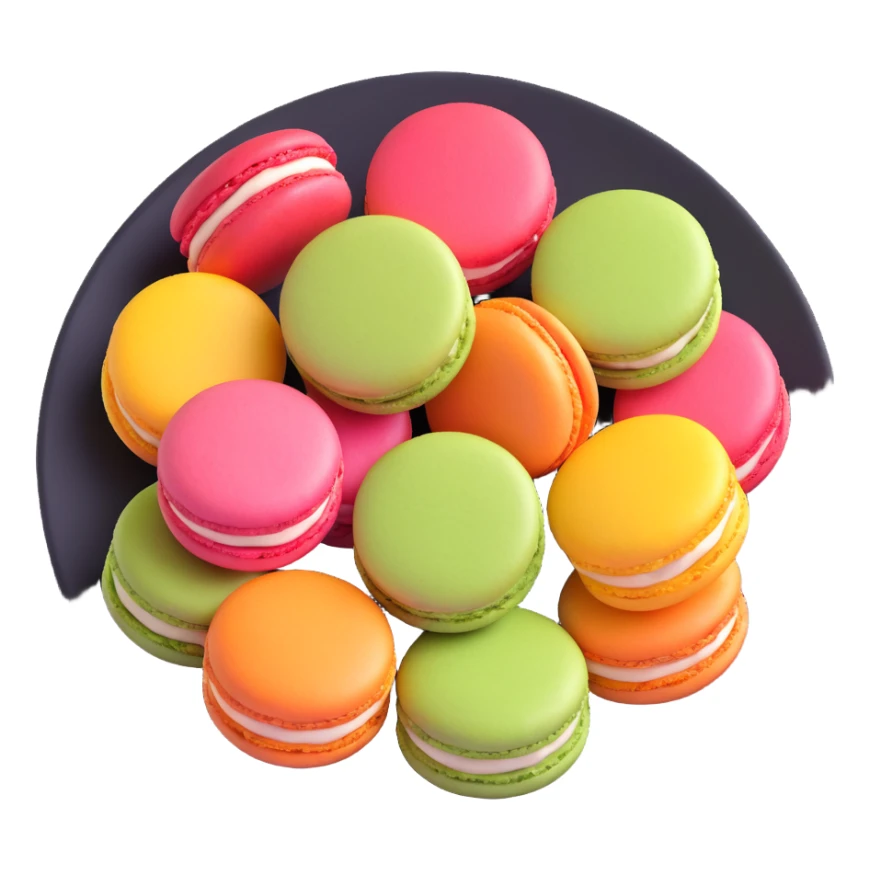 Create a 3D model of colorful macarons in the style of iOS 18, with smooth, realistic textures and vibrant pastel colors, arranged on a plate. Make it look like a modern Apple 3D emoji. sticker