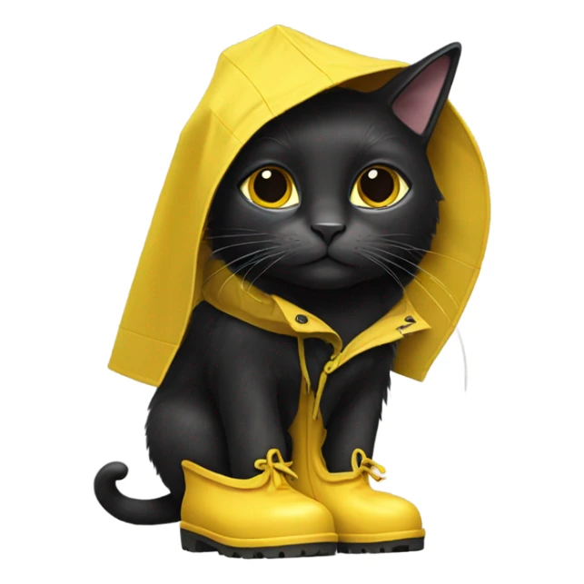 Black cat wearing a yellow rain coat and rain boots sticker