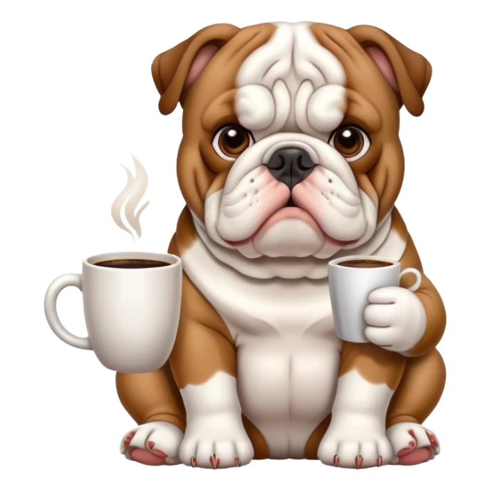 English bulldog sitting with a coffee cup sticker