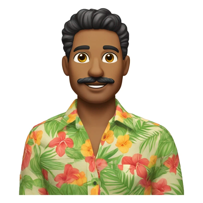 Non-binary Trader Joe's employee with tropical shirt and fancy moustache and brown hair. 34 years old. sticker