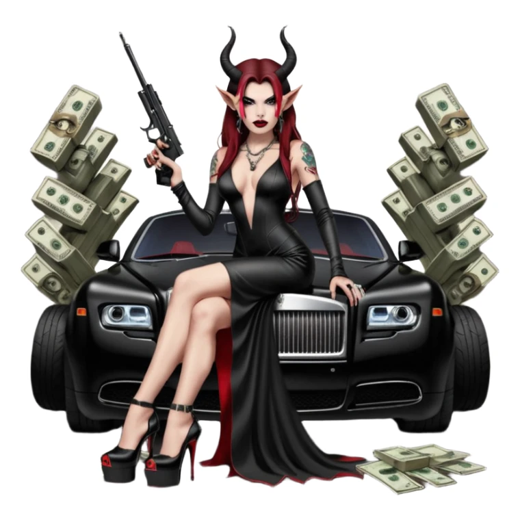 Lilith model red eye sexy black  devil horns.  long brown haired sexy succubus woman with leather long dress slit, sitting on rolls Royce. Wearing Black Platform high heels on feet. Tattoo sleeve arms, she has stacks of cash and a man dead human skull is on top of stack of cash and a gun in  hand sticker