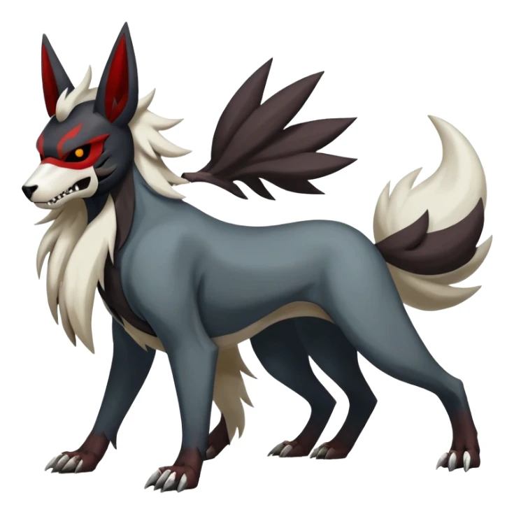 Shiny Exotic Excessive Mysterious Houndoom-Mightyena-Zorua-Zoroark-Zangoose-Houndour-Pokémon-Fakémon-hybrid-creature (full body) with a dog-skull-mask sticker