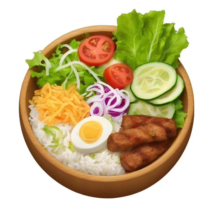a wood bowl with rice in the middle, kebab, and salad sticker