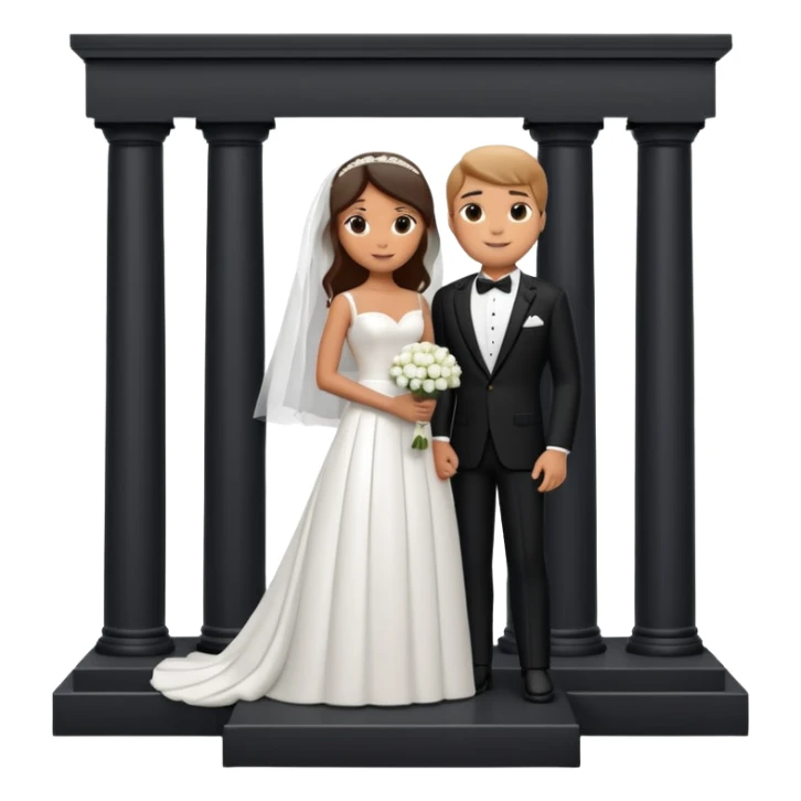 A 3D cartoon photo frame showing a formal courthouse wedding scene with a bride and groom standing together in front of white columns, neutral background, elegant lighting, realistic Memoji-style. sticker