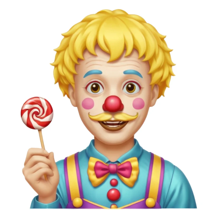 Funny clown — yellow wig, mustache, candy in hand sticker