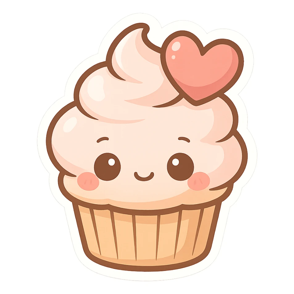 chibi sticker-style cupcake with a heart accent, cute and exaggerated sticker