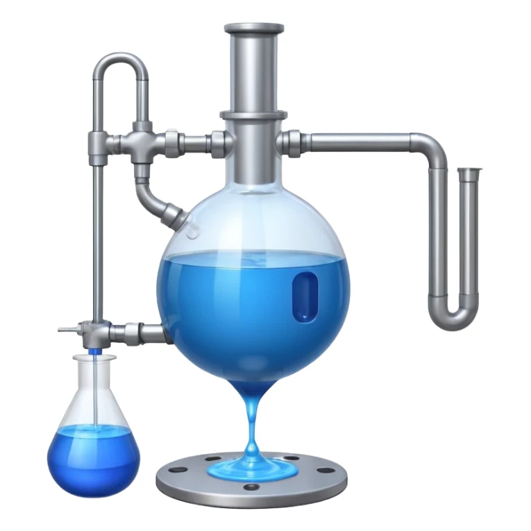 large laboratory reactor vessel, filled with blue liquid, with a stirrer, inlet and outlet sticker
