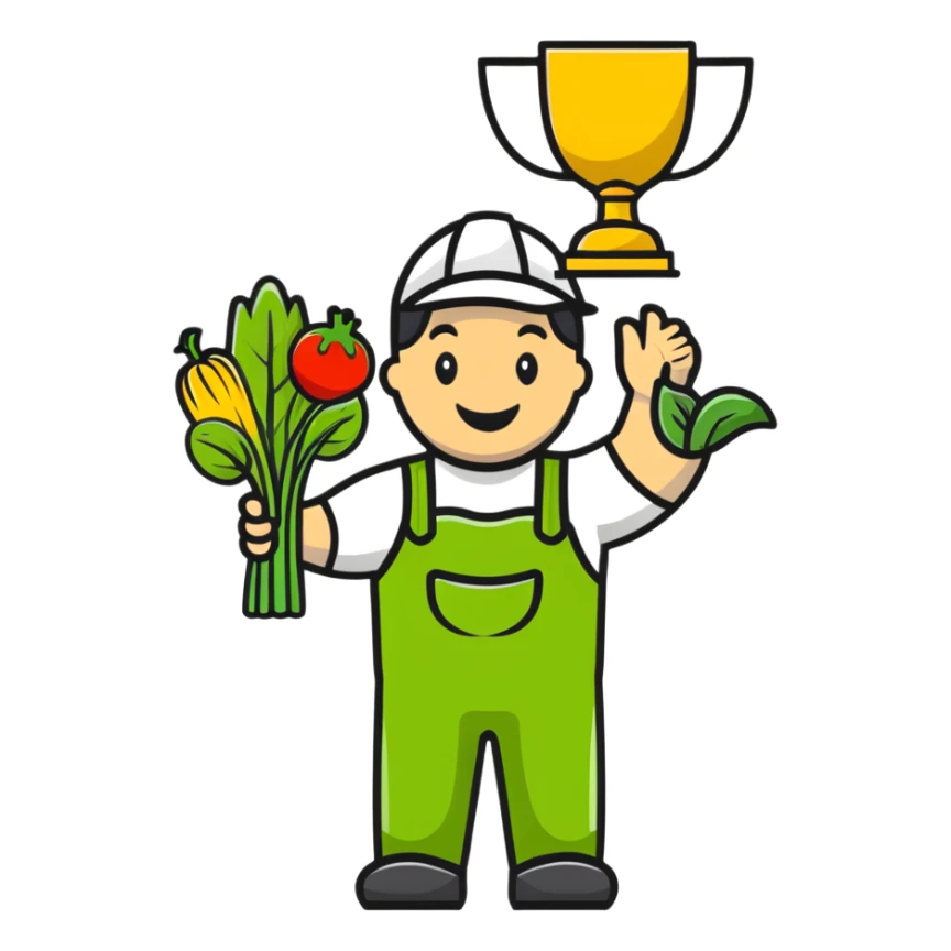 Happy gardener with trophy and prize vegetables sticker