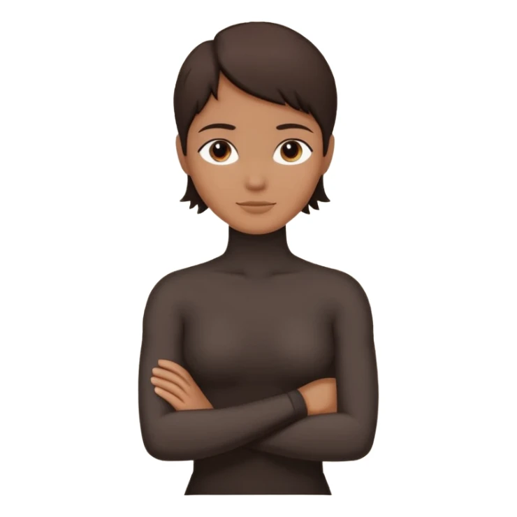 Minimalist human silhouette, upper body only, arms crossed, no facial features, solid dark shape, flat icon style, centered, transparent background sticker