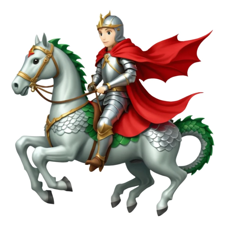 A knight in silver armor with a red cape, riding a white horse atop a green dragon. sticker