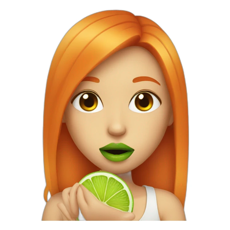 girl with orange hair and green lips eating a lime sticker