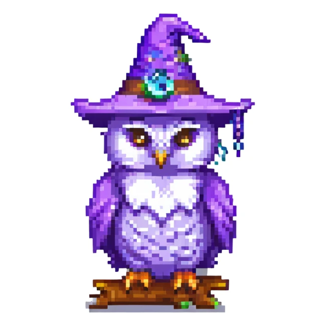 pixel art owl perched, wearing a purple wizard hat sticker