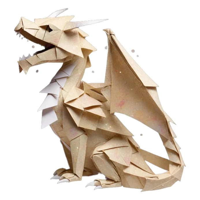 patterned Beige Origami dragon with made of newspapers, on fire, surrounded by fairy lights nebula galaxy stars swirls iridescent covered in dried flowers sticker