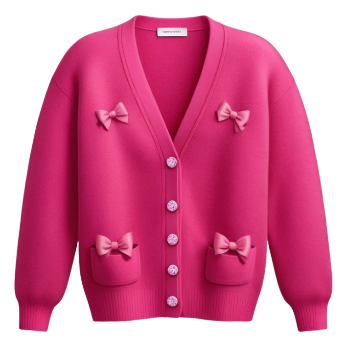 red cashmere cardigan with 8 tiny pink bows all over front and sleeves, realistic 3d isolated, soft texture sticker