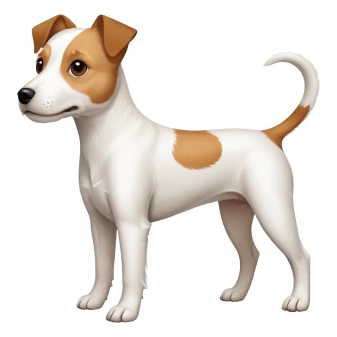 a full body white parson russell looking dog the size of a kelpie with light brown ears and a light brown patch on one eye and a large snout sticker