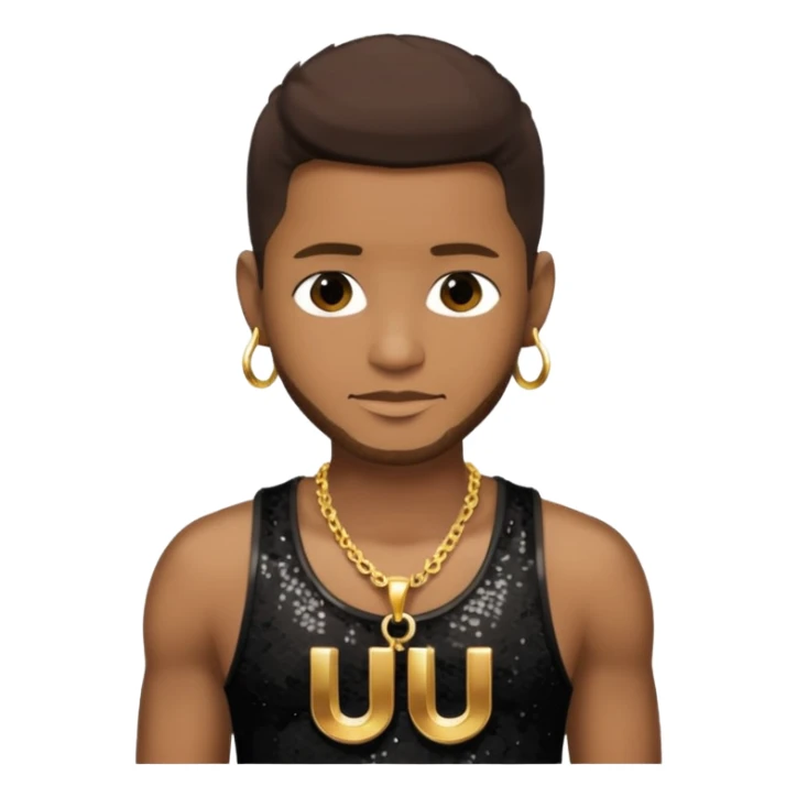 Usher with dark brown hair, black sequin tank top, necklace with letter u sticker