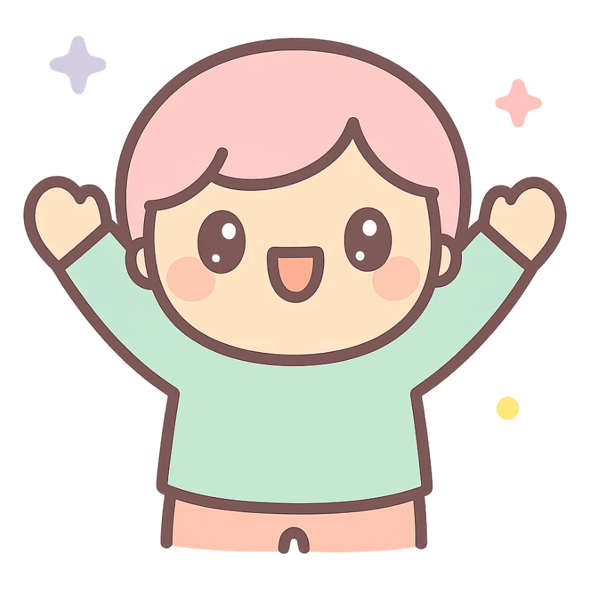 cartoon figure with hands up, excited expression, kawaii style sticker