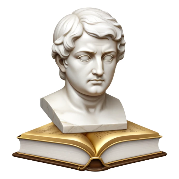 An icon featuring a classical bust, a book of philosophy, symbolizing the study of philosophy. The design includes an abstract symbol of thought and reasoning, representing deep intellectual inquiry and exploration of ideas. Transparent background sticker