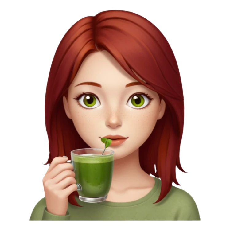 beautiful brunette with slightly cherry red tinted hair , with dark hazel eyes (let's call her kami), sipping matcha sticker