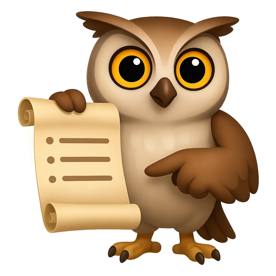 В стилистике эмоджи сгенерируй сову, она смотрит прямо на зрителя, в одном крыле она держит развернутый свиток, а другим указывает на пункты в нем, прозрачный фон sticker