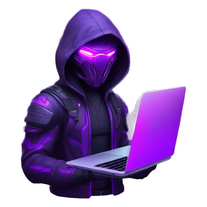 developer behind his laptop with this style : crysis Cyberpunk Valorant neon glowing bright purple character purple violet black hooded assassin themed character sticker