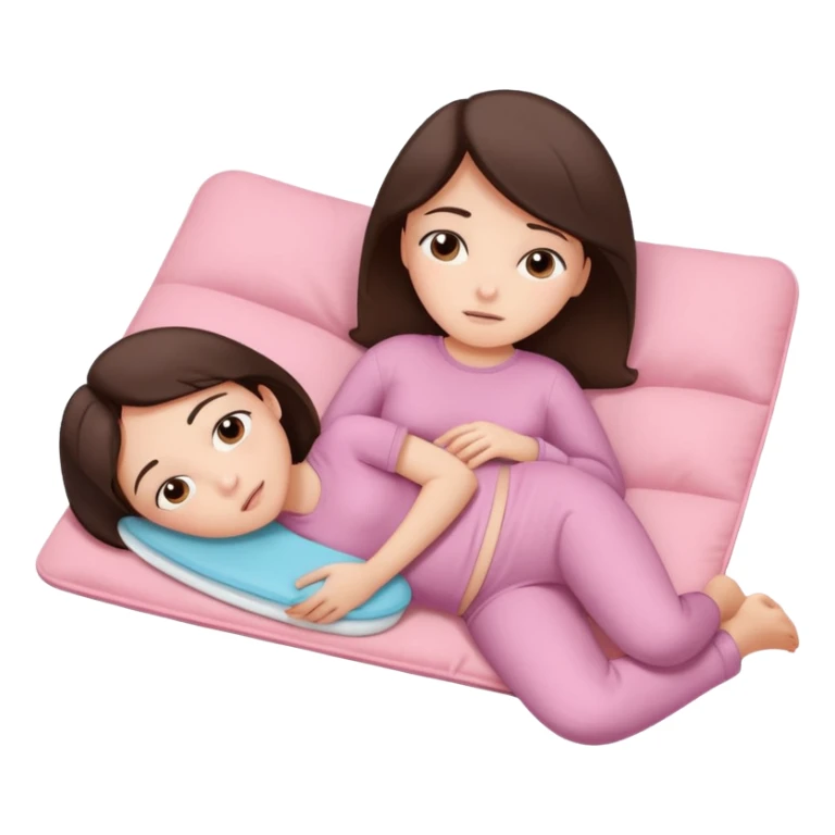 a brunette girl lying down on her side, holding a warm heating pad against her lower belly. She's uncomfortable and sad, her posture should show she’s having menstrual cramps. Use simple lines, rounded shapes, soft colors, and a clean emoji aesthetic. Make it expressive but still adorable sticker