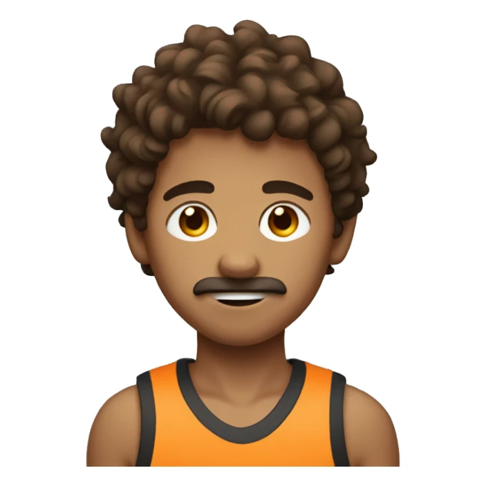 cute boy holding basketball, messy brown hair, small moustache sticker