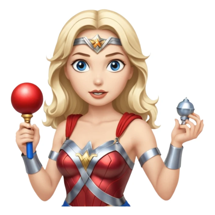 Blonde blue eyes Wonder Woman holding bell and short, thin, white baton sticker