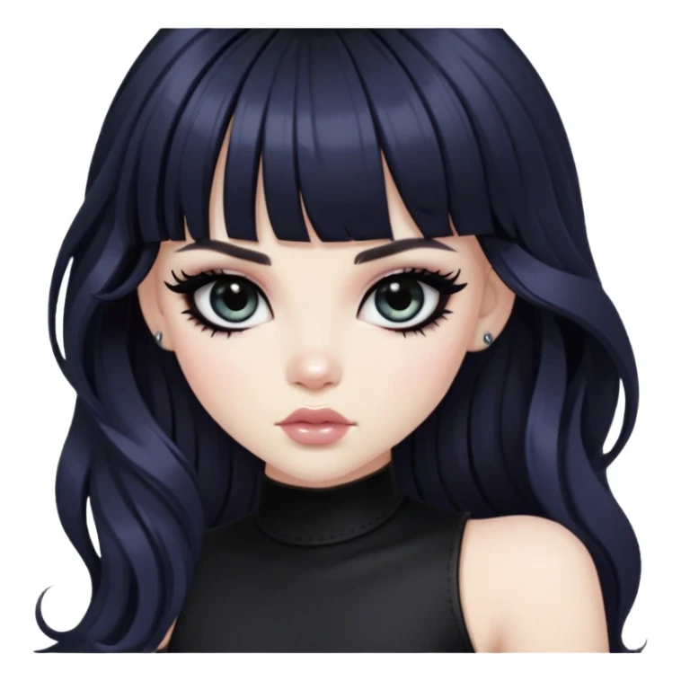 wavy black long bangs hair, pale skin, dark black iris, pretty bratz baddie, strong black eyeliner sticker