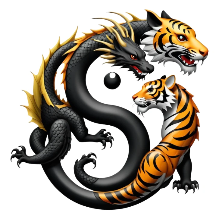 An icon symbolizing Eastern martial arts in the style of an emblem, featuring a black-and-white Yin-Yang symbol, a dragon, and a tiger. The dragon and tiger represent strength and agility, surrounding the symbol. Traditional elements like bamboo add to the design. Transparent background. sticker
