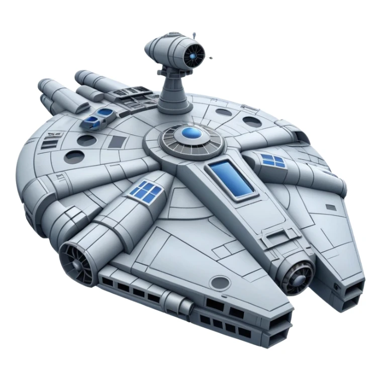 Millennium Falcon from Star Wars, emoji style, spaceship with precise details: circular cockpit, parabolic antenna, panels, blue engines, gray and metallic colors, realistic look within emoji style sticker