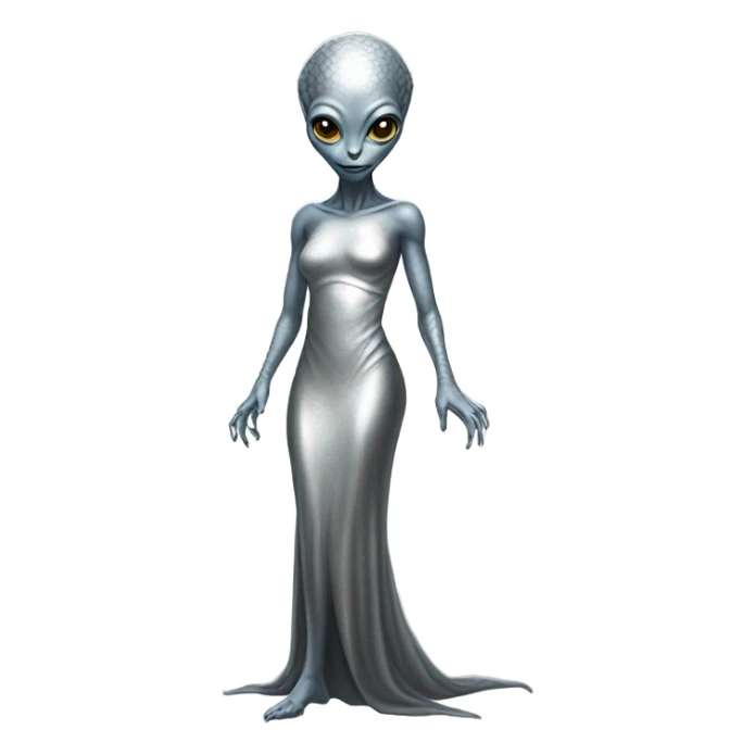alien reptilian woman in silver dress full body sticker