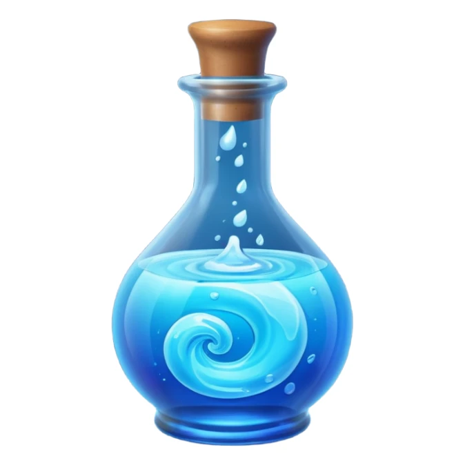 a neon blue potion tiled to the left with a round glass bottle no handle sticker