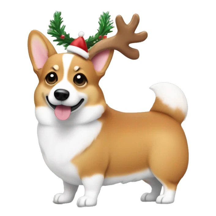 Corgi with reindeer antlers, standing proudly beside a tiny Christmas tree with ornaments sticker