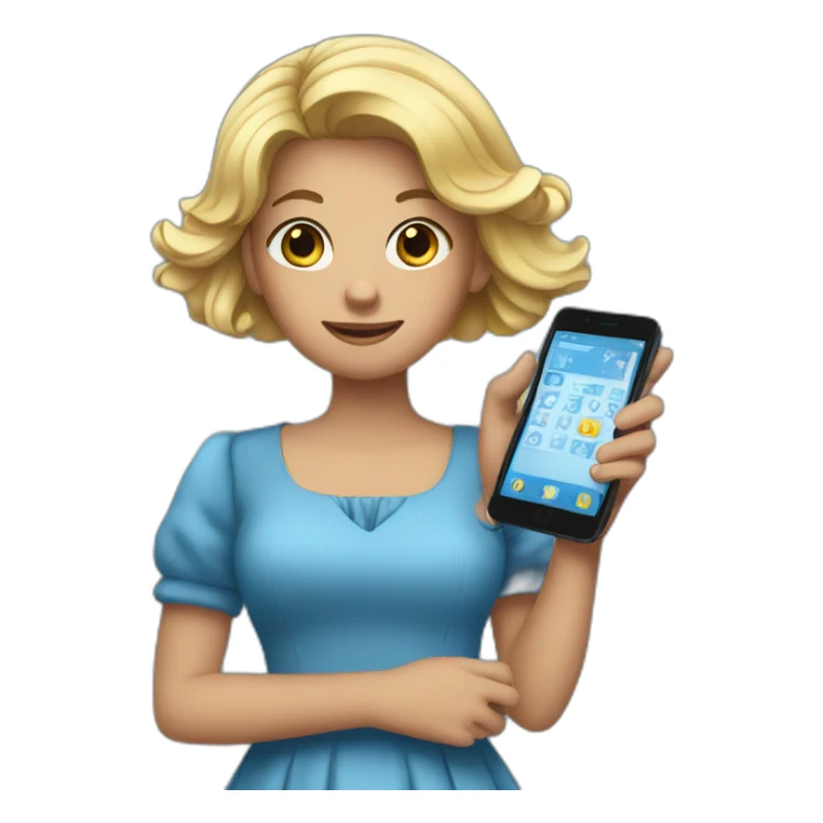 a girl in a blue dress holding a cell phone sticker