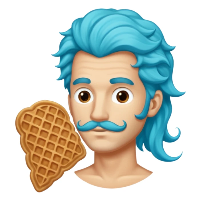 Crée un homme sirène avec une queue bleu turquoise et des long cheveux bouclé chatin en train de manger une gaufre  sticker