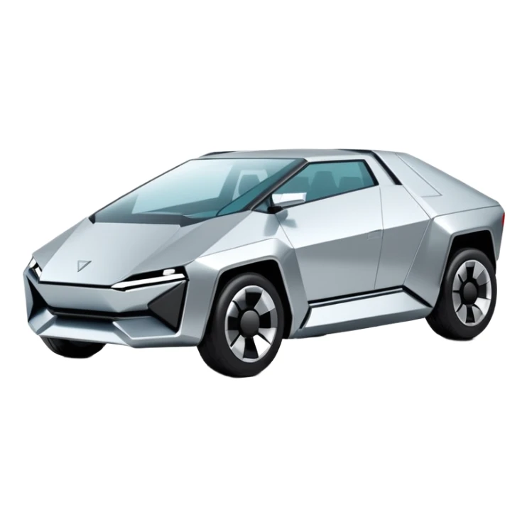 A futuristic chrome car emoji, sharp geometric body design inspired by cybertruck aesthetics, smooth silver metallic surface, matte and glossy chrome mix, minimal details, soft reflections, clean edges, iOS emoji style, centered, clean white background, soft studio lighting, no text sticker