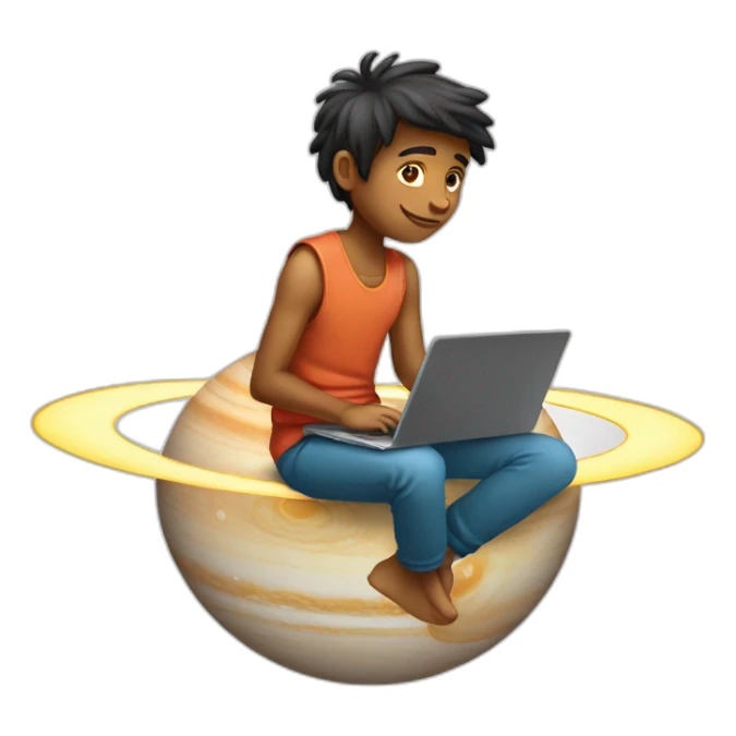 Indian boy with laptop sitting on saturn sticker