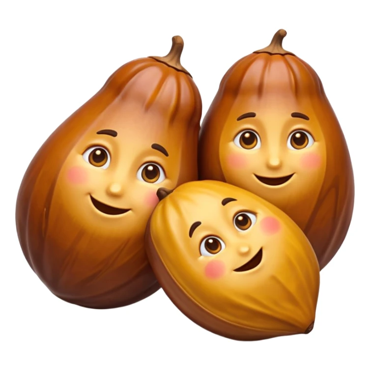 two or three dates, rich glossy brown, wrinkled, plump, natural variation, arranged casually, no plate, packaging, or faces, clean 3D, soft shadows, emoji scale sticker