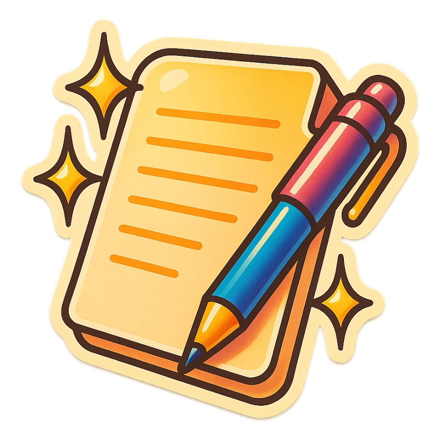 a cheerful and bright sticker of a paper and pen with sparkles sticker