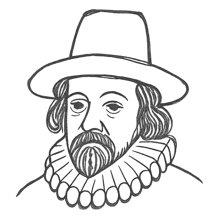 a hand drawn black outline portrait of philosopher Francis Bacon with similar-sized eyes based a famous portrait of him sticker