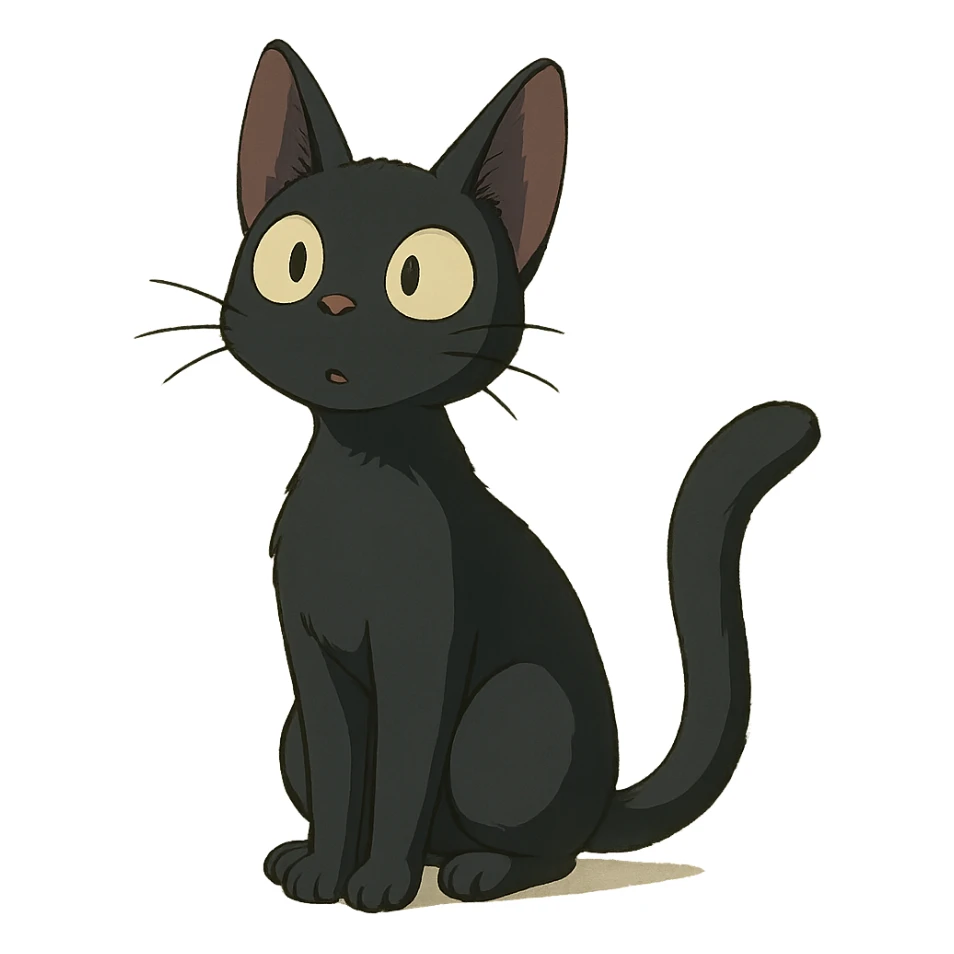 a young black cat looking curious, ghibli style sticker