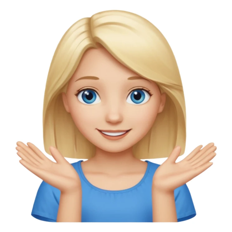 girl with blonde hair and blue eys with heands telling what  sticker