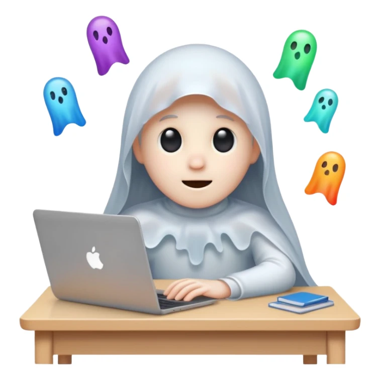A cute ghost sits in front of a desk and is designing it with a laptop. see a laptop screen, and there is a photoshop screen on the screen. On the ghost surface, many shapes are leaving. sticker